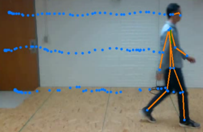 Person walking while his biomechanics are being recorded