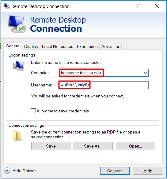 Remote Desktop Connection | Log-in Info