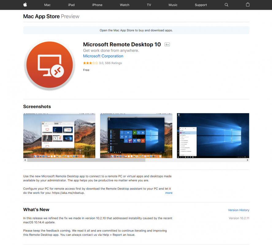 macOS Microsoft Remote Desktop 10 App Store Page