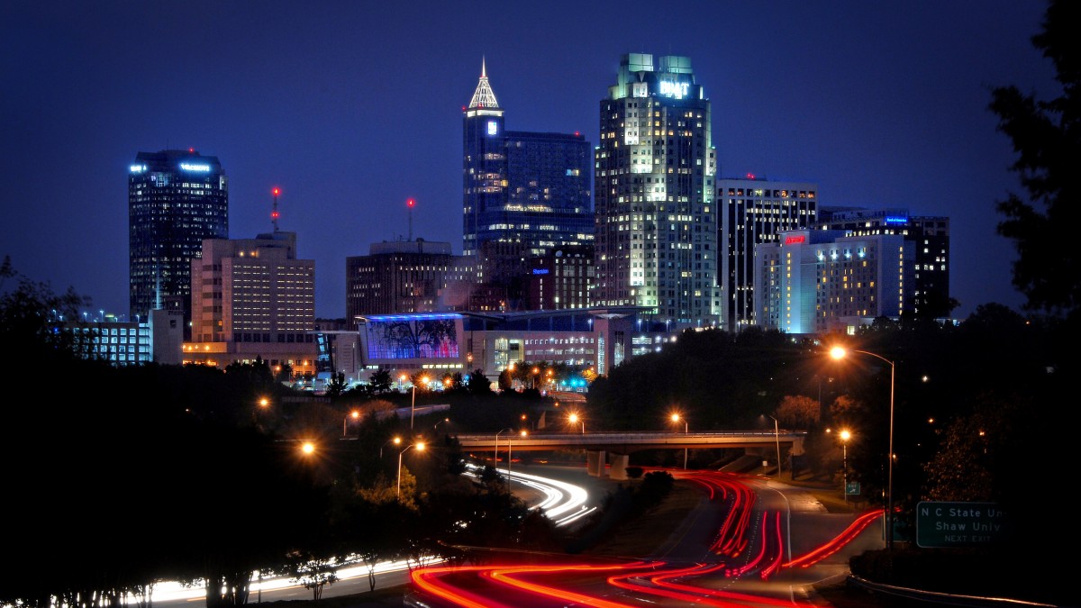 The city of Raleigh Skyline at night
