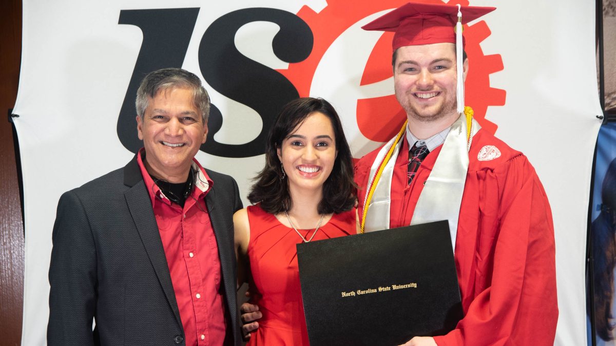 ISE students with family at the reception | NC State ISE Spring 2022 Commencement Ceremony
