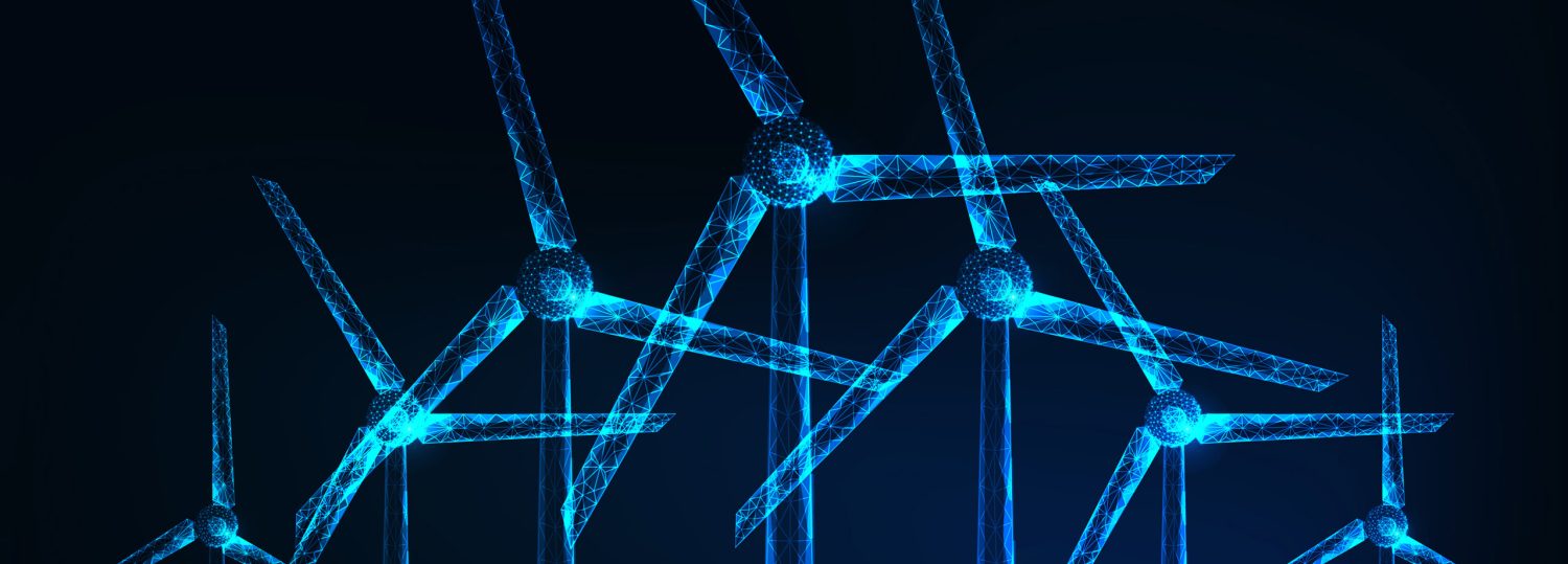 A row of blue digital wind turbines drawn with lines on a black background