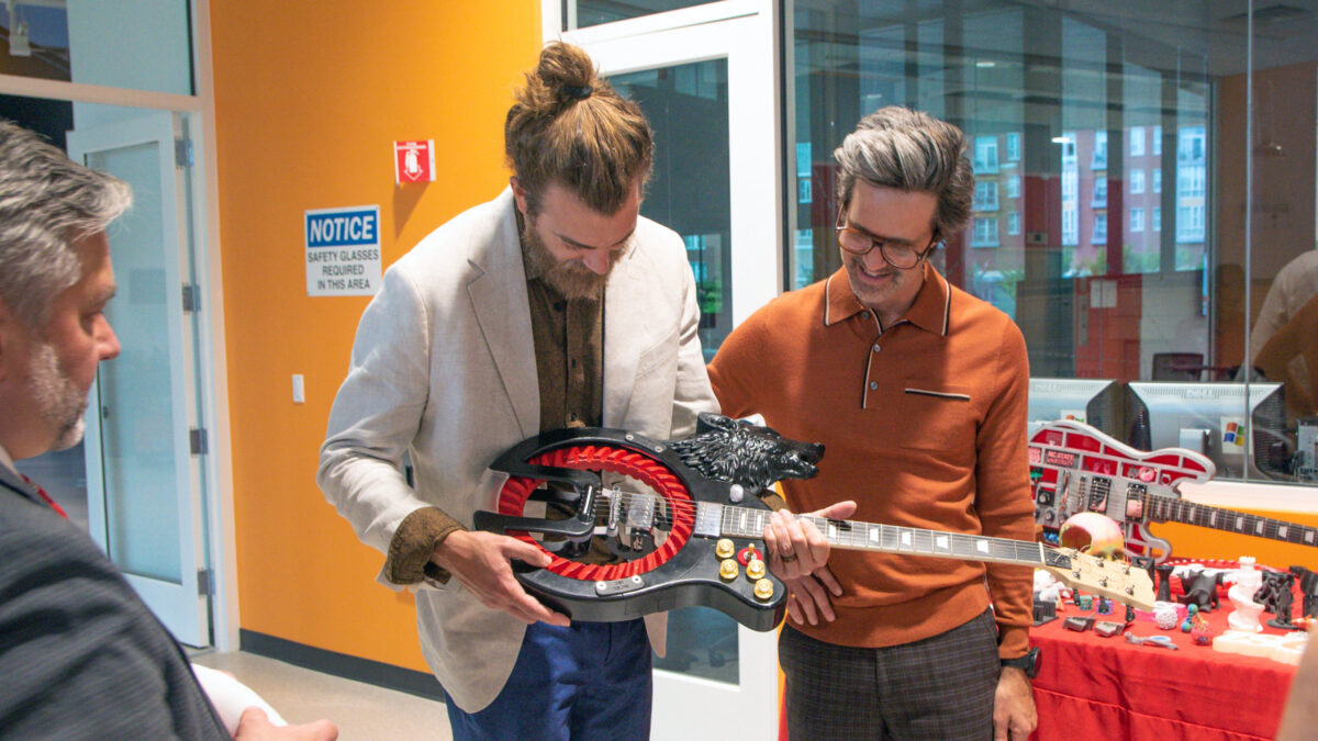 Rhett & Link checking out a 3D-printed custom guitar