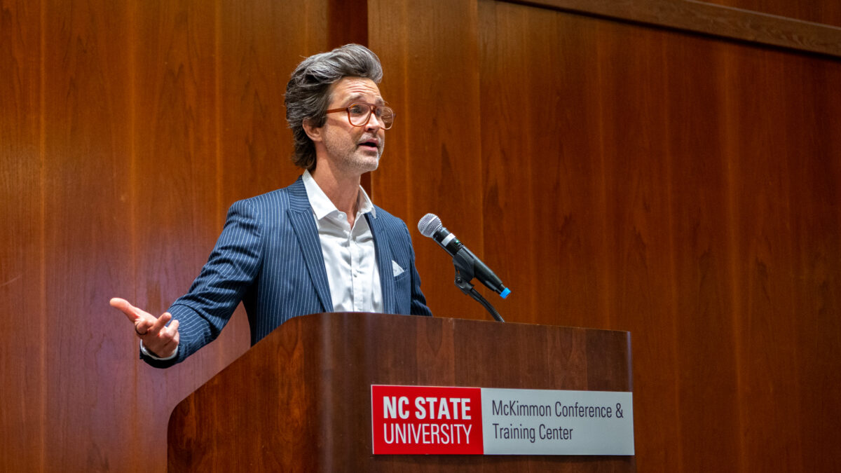Link Neal delivering the Spring 2023 Commencement Address to the undergrads of the NC State Edward P. Fitts Department of Industrial and Systems Engineering.