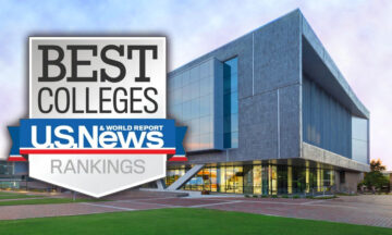 The U.S. News and World Report's Best Colleges logo floating over a photo of Fitts-Woolard Hall