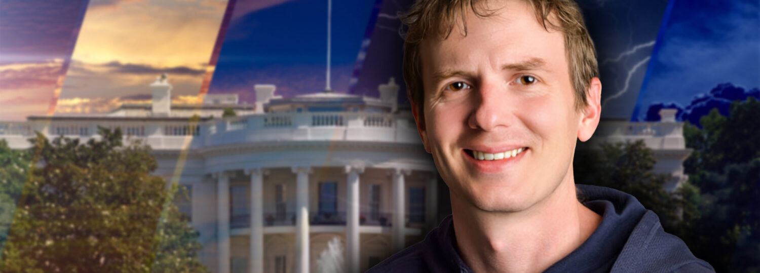 A headshot of Jordan Kern standing in front of an abstract background that features the White House and climate change