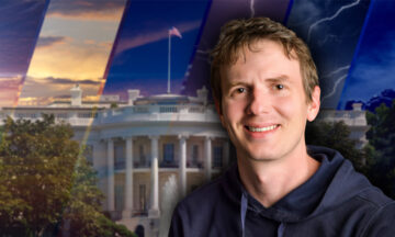 A headshot of Jordan Kern standing in front of an abstract background that features the White House and climate change