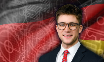 A headshot of Zane Shockley in front of an abstract background of an engineering drawing and a German flag